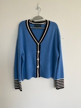 French Connection Blue V-Neck Cardigan with Black and White Trim